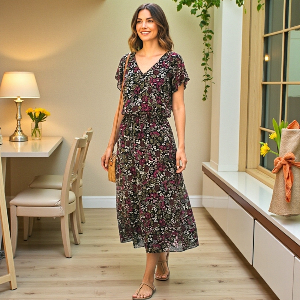 MSK Floral Midi Dress Sz S Boho Cottagecore Chiffon Overlay V-Neck Short Sleeve